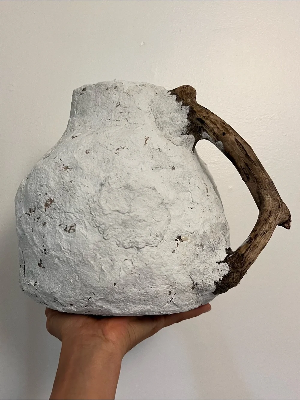 Handmade Rustic White Vase with Natural Driftwood Handle | Coastal Cottage Decor